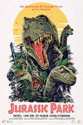 Jurassic Park poster featuring roaring T-Rex and velociraptors with yellow sun backdrop and tropical foliage
