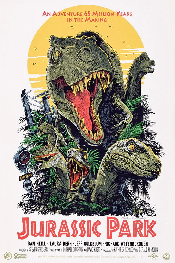 Jurassic Park poster featuring roaring T-Rex and velociraptors with yellow sun backdrop and tropical foliage