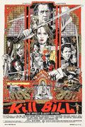 Kill Bill movie poster illustration featuring key characters with swords, samurai elements, and dragon motifs