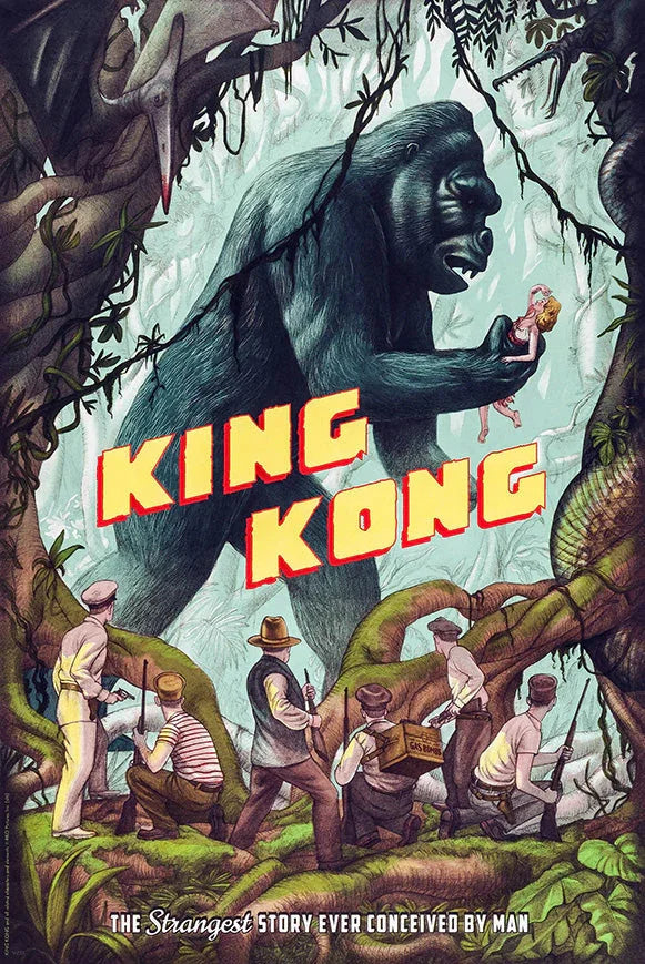King Kong holding a woman in a jungle setting while armed men watch, with bold King Kong text