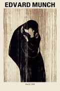 Edvard Munch's "Kiss IV" poster featuring a dark, abstract silhouette of two figures embracing against a vertical, beige, woodgrain-like background.