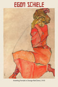 Egon Schiele's 1910 watercolor and gouache drawing, Kneeling Female in Orange-Red Dress, showing a figure with intense gaze covering her face.