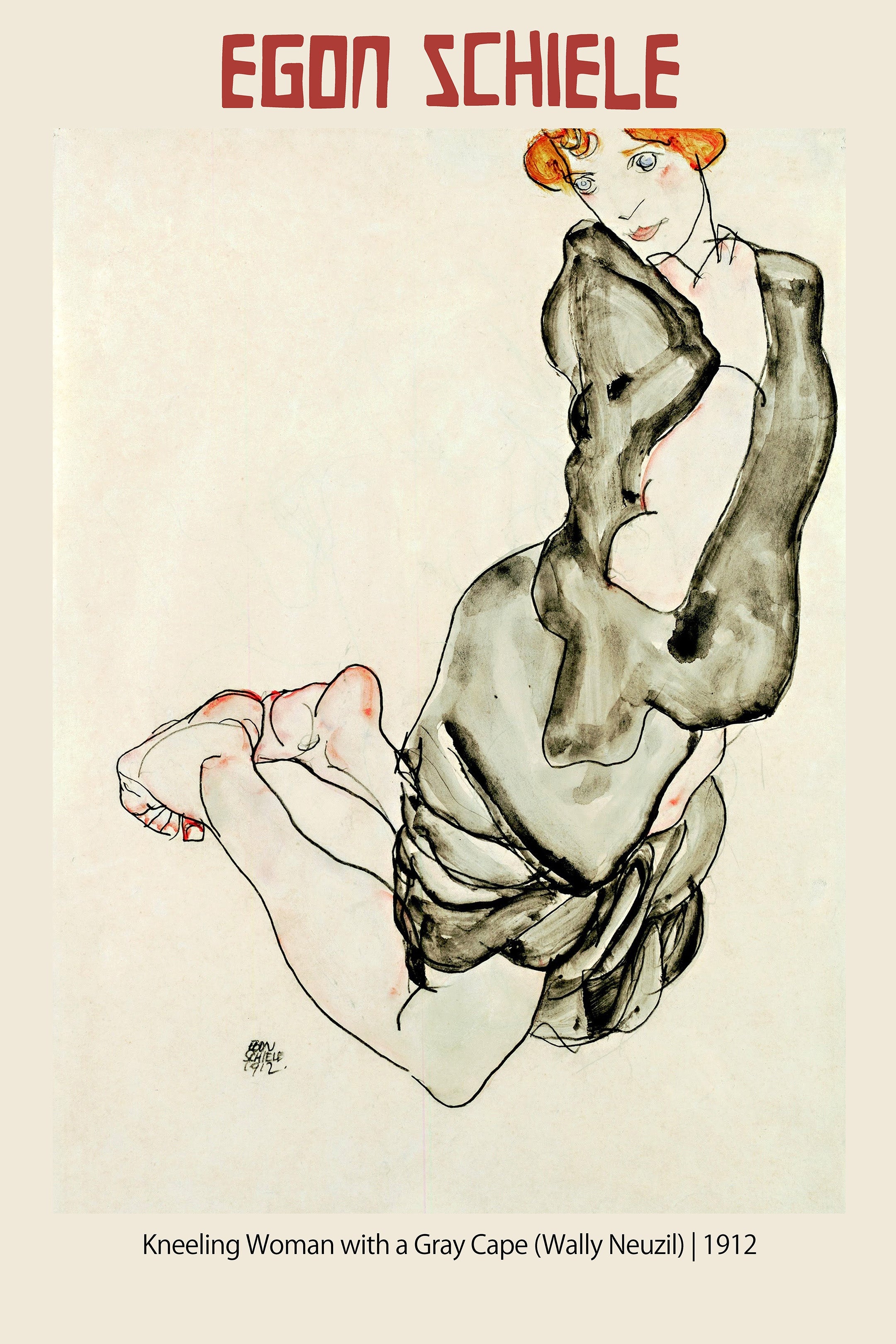 Detailed reproduction of Egon Schiele's 1912 work showing Wally Neuzil kneeling, rendered in watercolor and charcoal with a gray cloak.