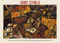Egon Schiele 1915 Expressionist oil painting of Krumau houses, featuring dense brown rooftops and bright yellow walls, capturing a cramped city view.