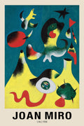 Reproduction poster of Joan Miró's 1938 painting L'Air, showcasing bright yellow and red surrealist biomorphic forms against a dark teal background.