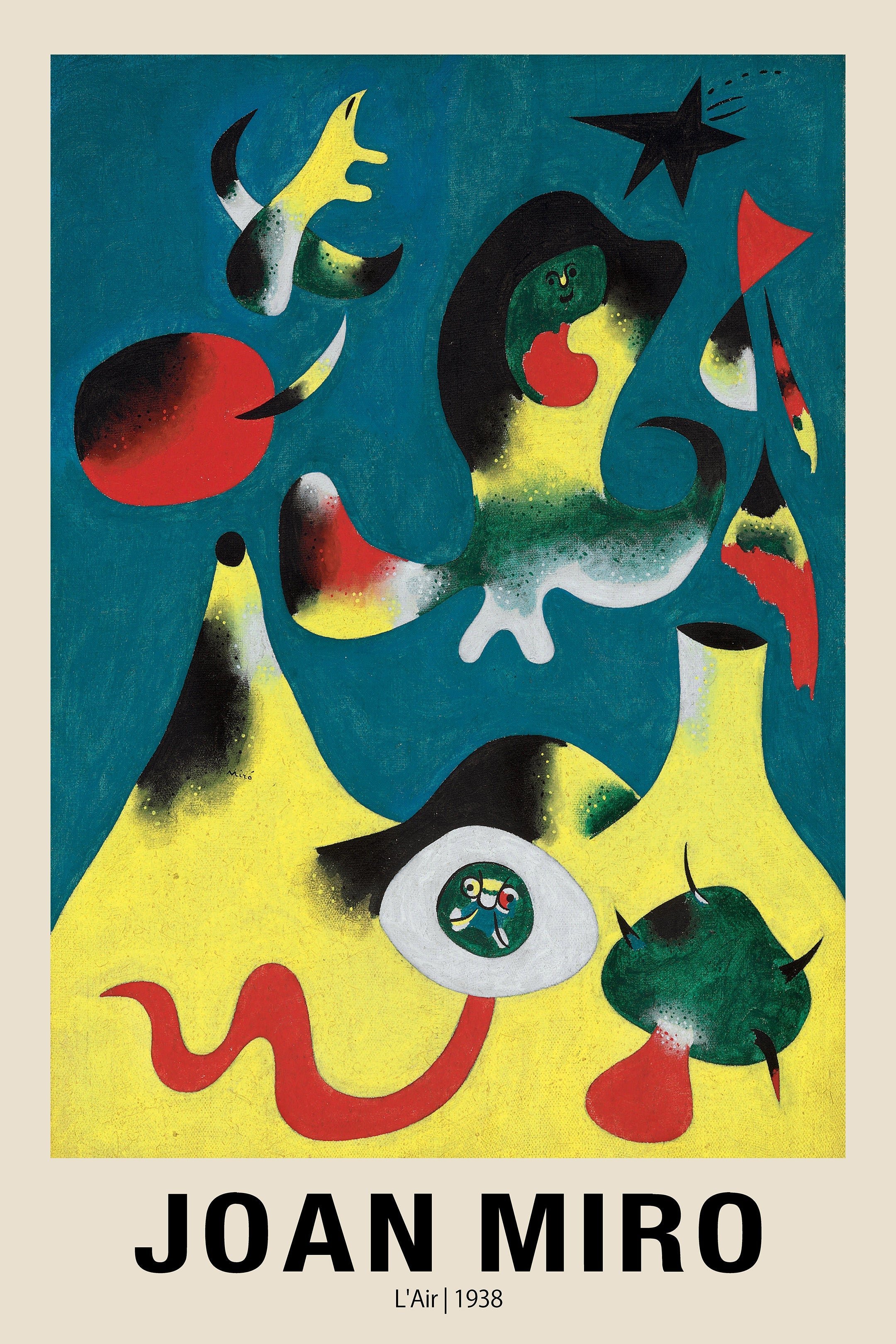 Reproduction poster of Joan Miró's 1938 painting L'Air, showcasing bright yellow and red surrealist biomorphic forms against a dark teal background.
