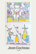 Two bright, colorful lithographs by Jean Cocteau from 1961 featuring stylized line drawings of multiple faces and profiles promoting European unity.