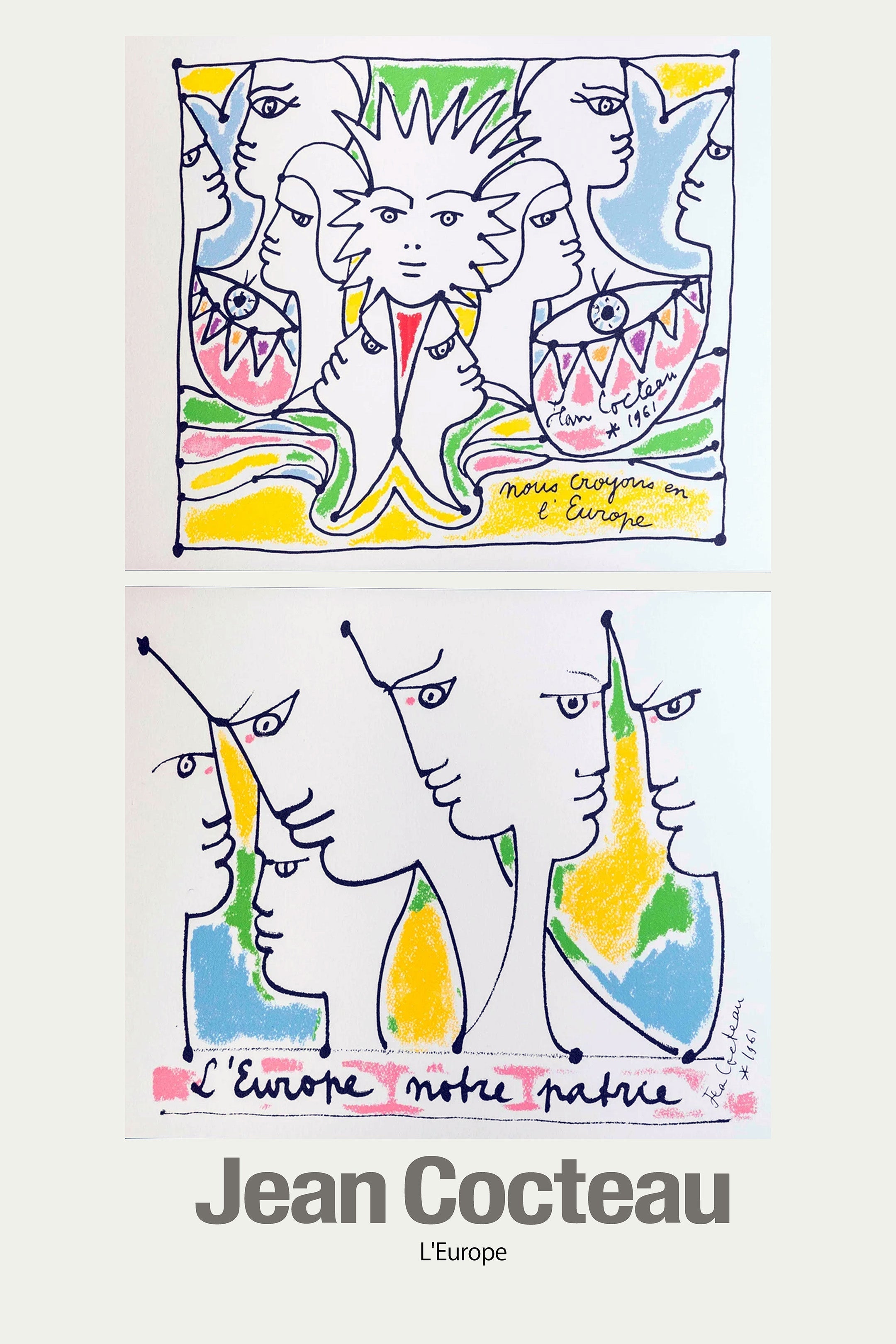 Two bright, colorful lithographs by Jean Cocteau from 1961 featuring stylized line drawings of multiple faces and profiles promoting European unity.
