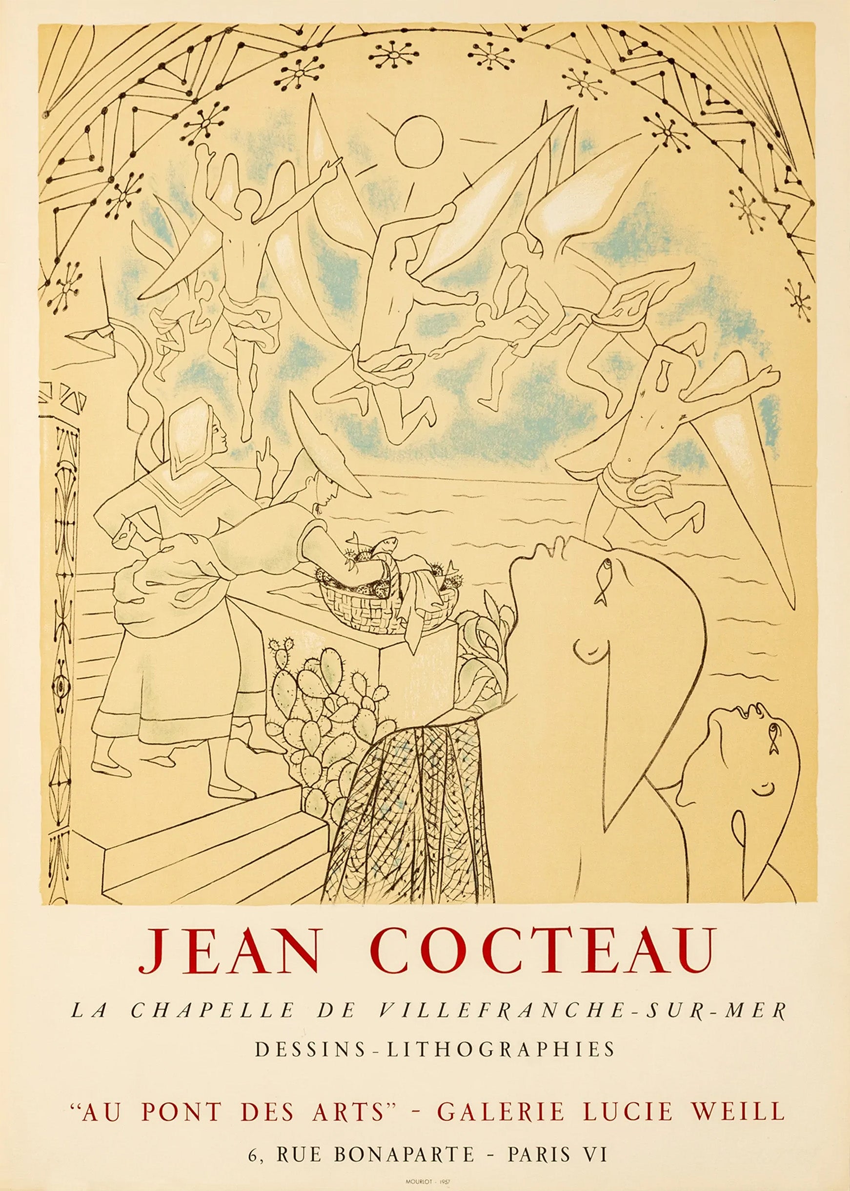 Vintage Jean Cocteau lithograph poster featuring celestial figures, fishermen, and cacti, advertising the Villefranche chapel work.