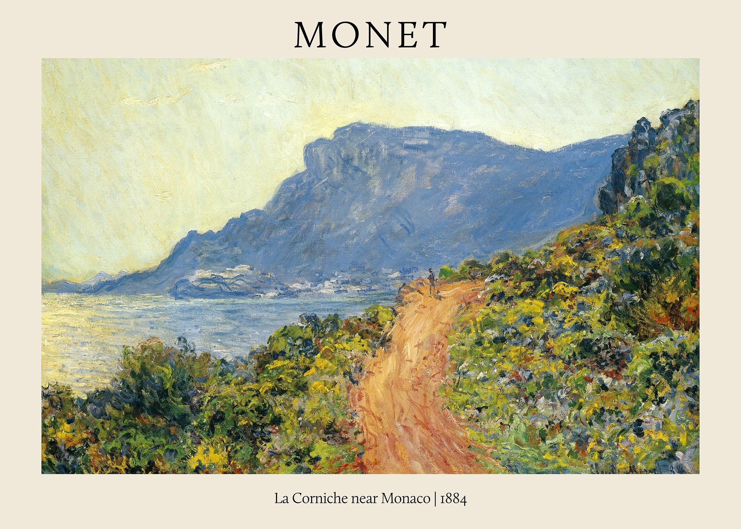 Classic Impressionist oil painting by Claude Monet depicting a winding reddish path on the La Corniche cliffside overlooking the Mediterranean Sea near Monaco in 1884.