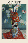 Claude Monet's La Japonaise (1876) oil painting. A woman in a red kimono stands against a dark wall covered in various hand fans.