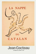 Vintage 1952 Jean Cocteau poster, "La Nappe du Catalan," featuring a playful, abstract black running figure with spotted fill on a textured beige background.