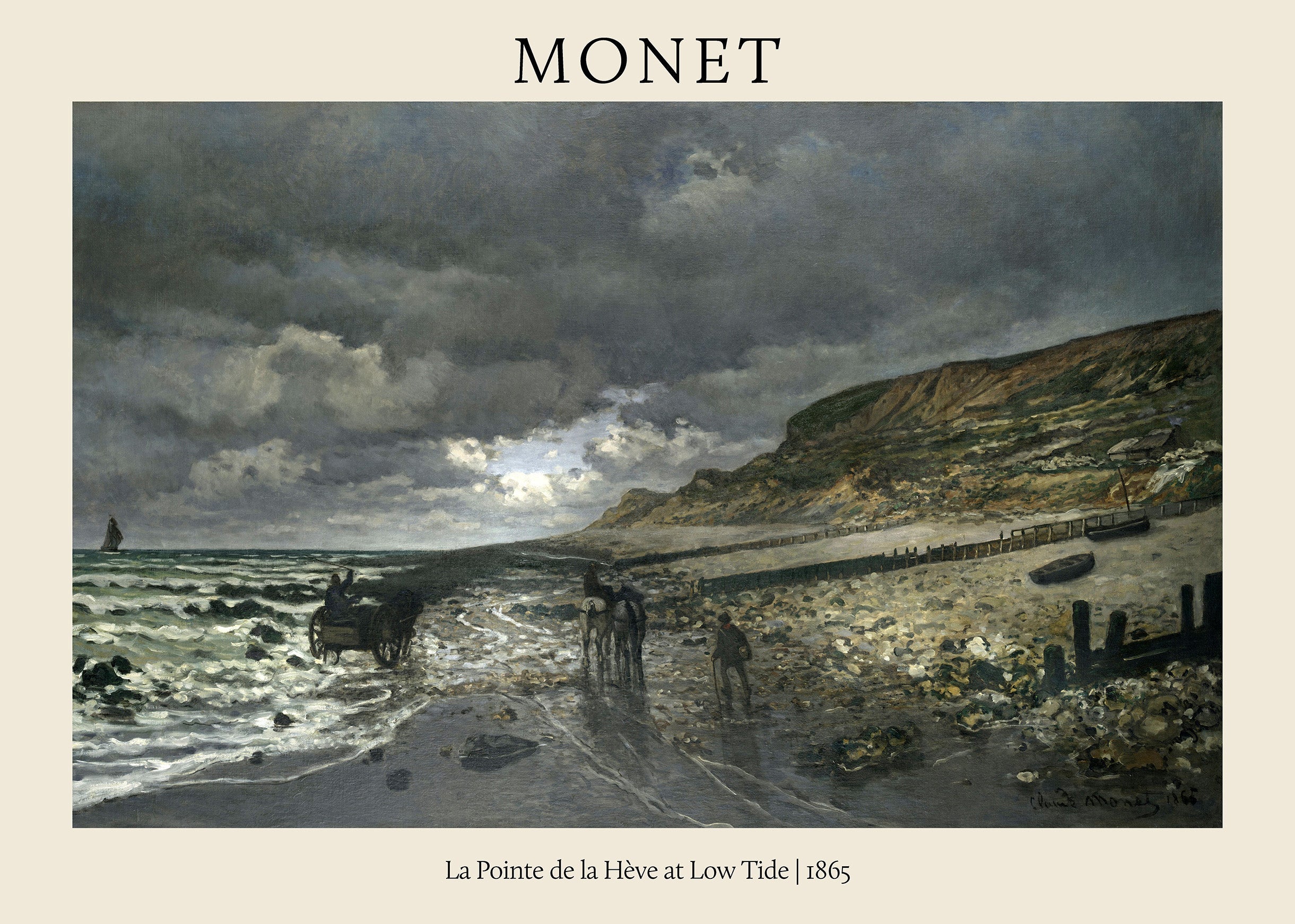 Early Claude Monet oil painting, "La Pointe de la Hève at Low Tide," showing a dark, stormy French beach with horses and figures under heavy clouds.