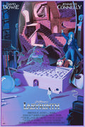 Labyrinth movie poster featuring David Bowie, Jennifer Connelly, maze board game, fantasy creatures, and surreal staircases