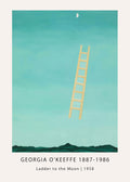 Georgia O'Keeffe's 1958 painting, Ladder to the Moon, featuring a floating pale yellow ladder against a turquoise sky and dark New Mexico mountain silhouettes.
