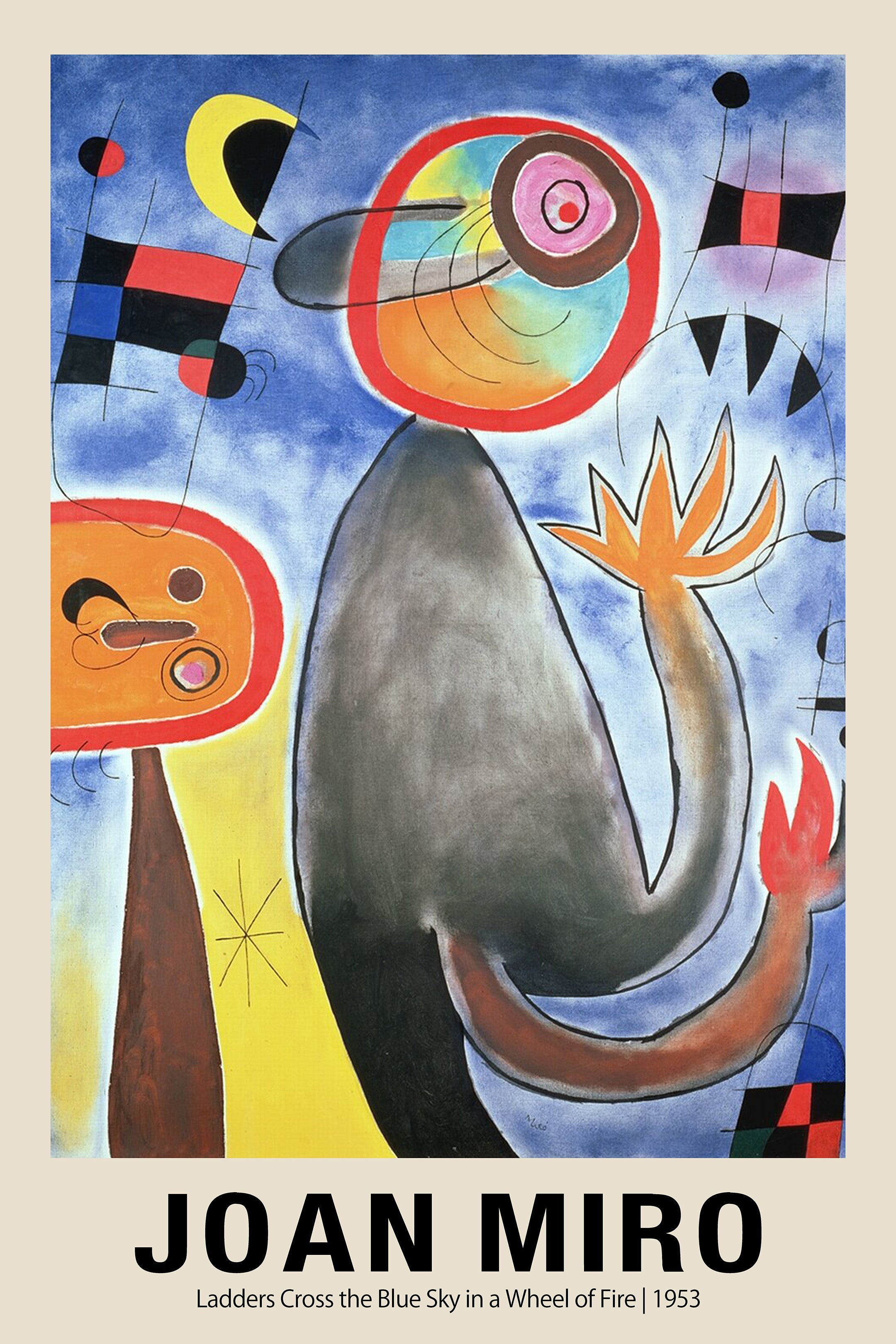 Abstract painting by Joan Miró, "Ladders Cross the Blue Sky," featuring a large grey figure, red circles, and orange claws on a textured blue background.