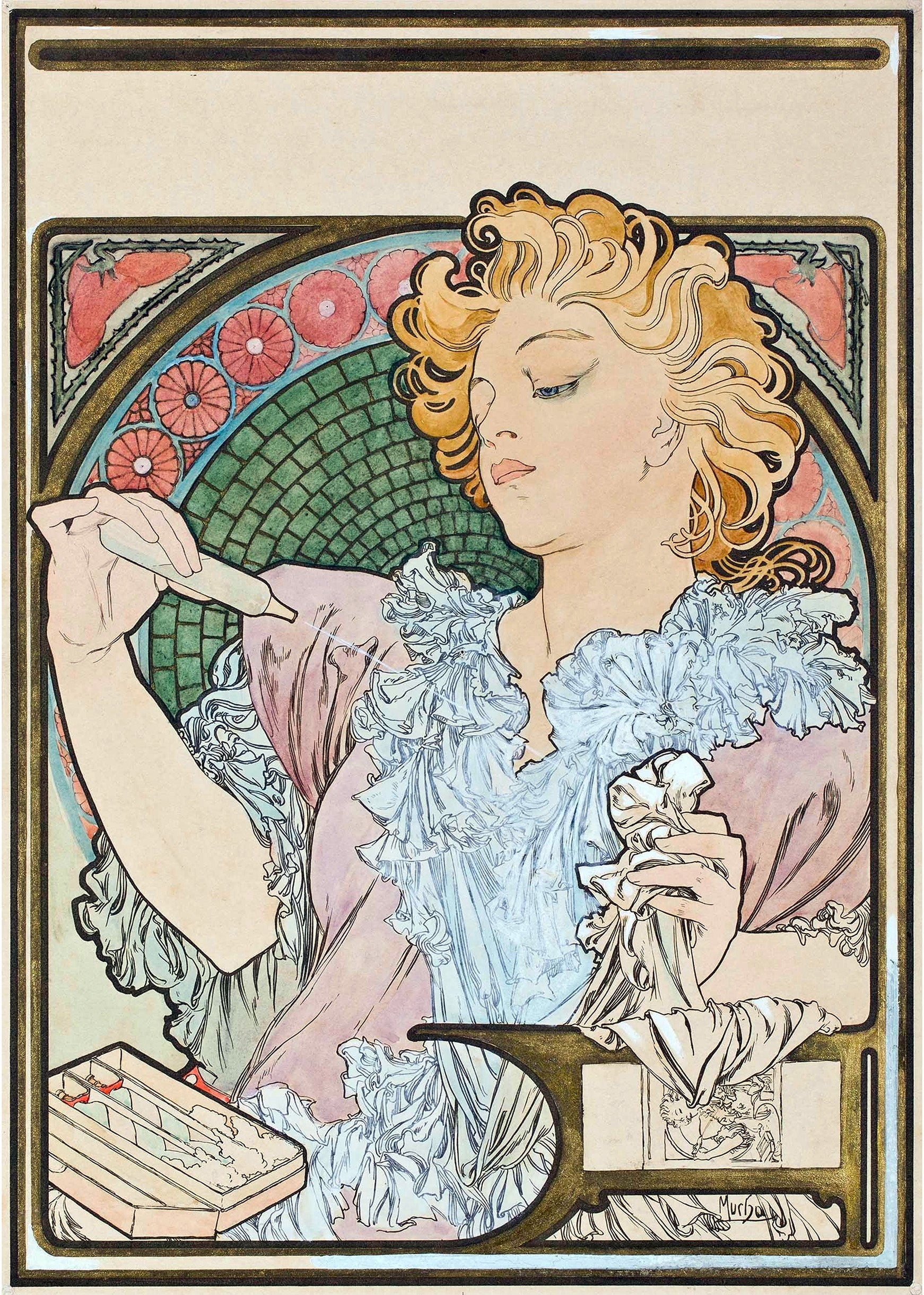 Art Nouveau illustration by Alphonse Mucha showing a blonde woman holding a drawing tool and fabric, surrounded by stylized floral patterns and a gilded border.