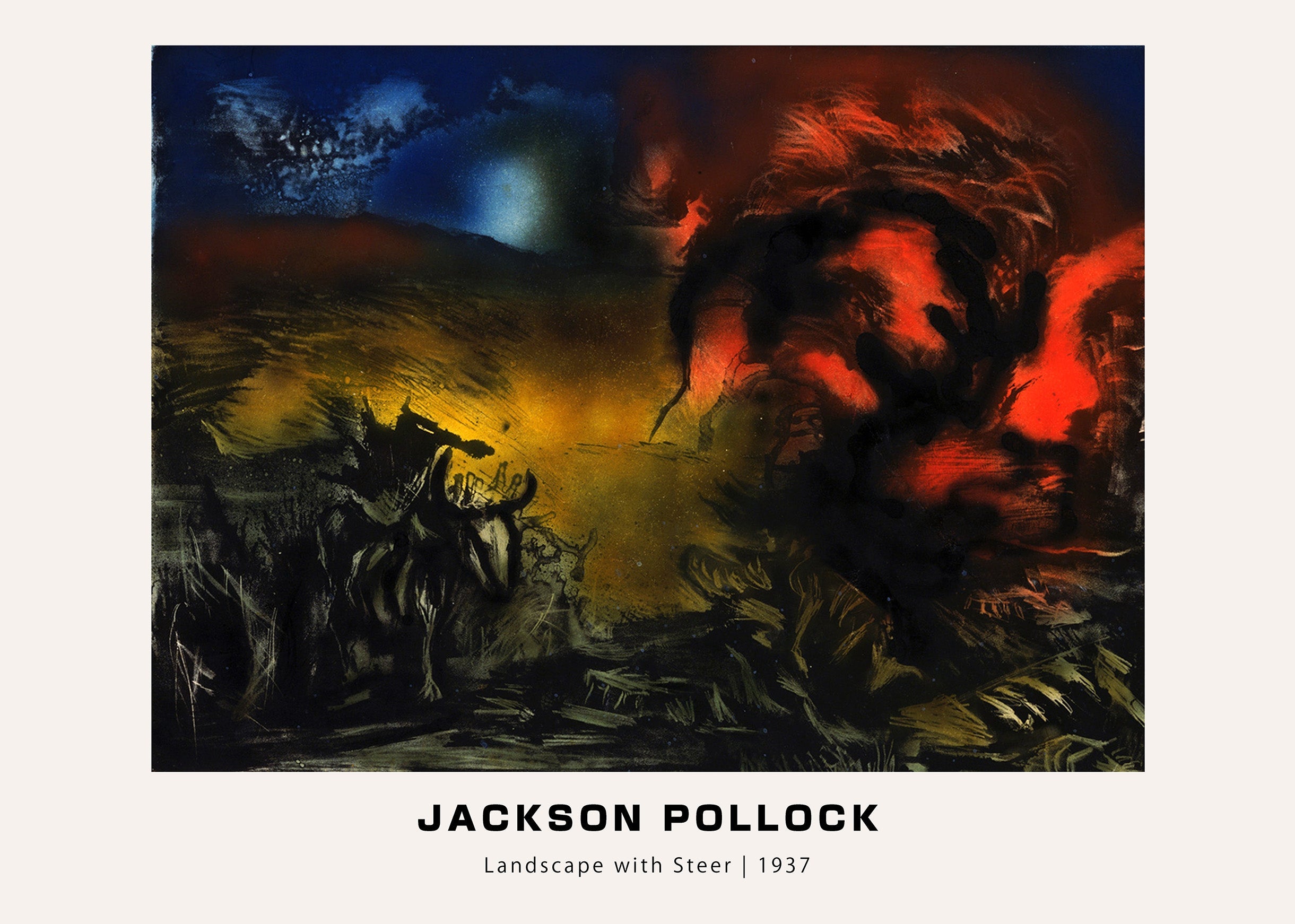 Jackson Pollock's 1937 painting, "Landscape with Steer," featuring dark abstraction, fiery orange, and deep blue colors.