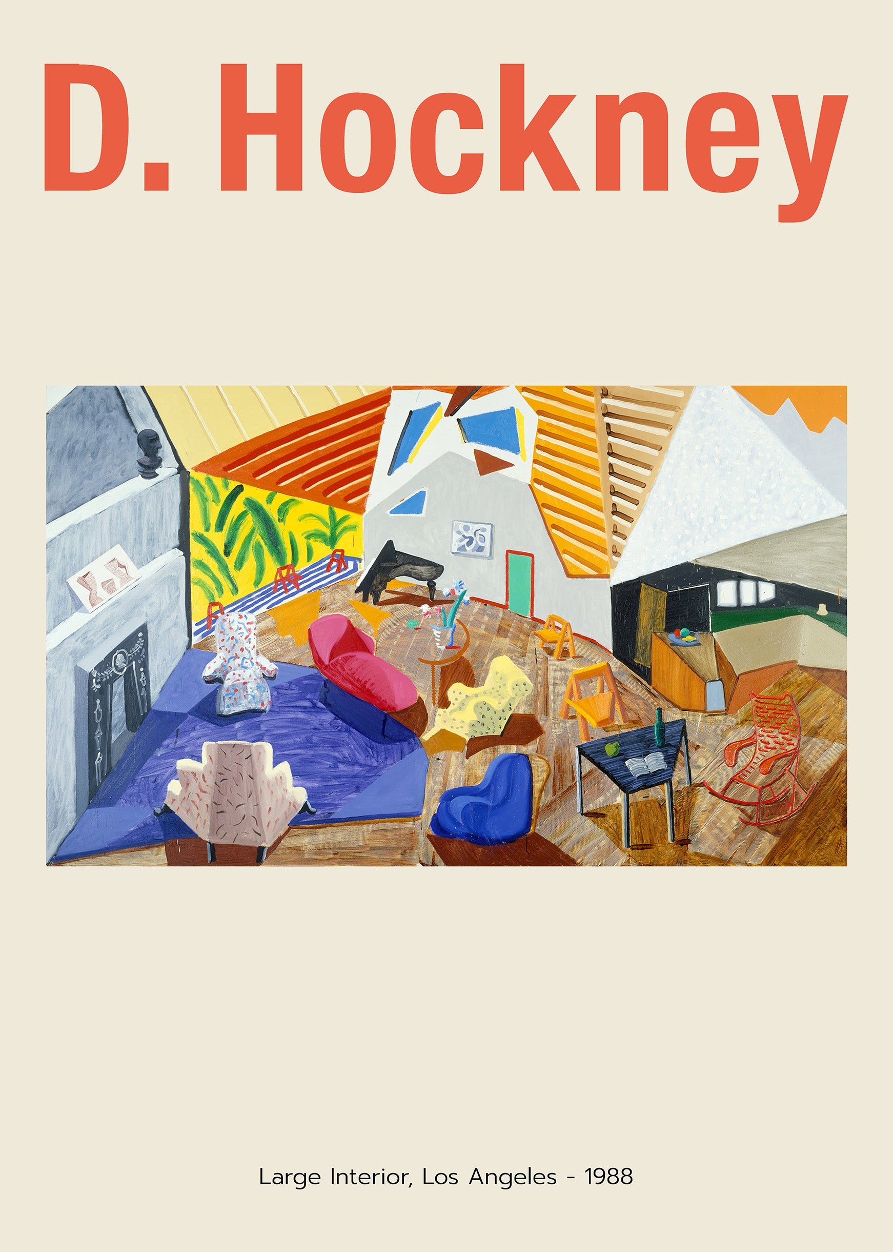 Museum-quality print featuring David Hockney's "Large Interior, Los Angeles" (1988), showing a brightly colored, fragmented room with modern furniture and a piano.