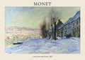 Claude Monet painting showing the snowy village of Lavacourt by the Seine River with cottages and bare trees in 1881.