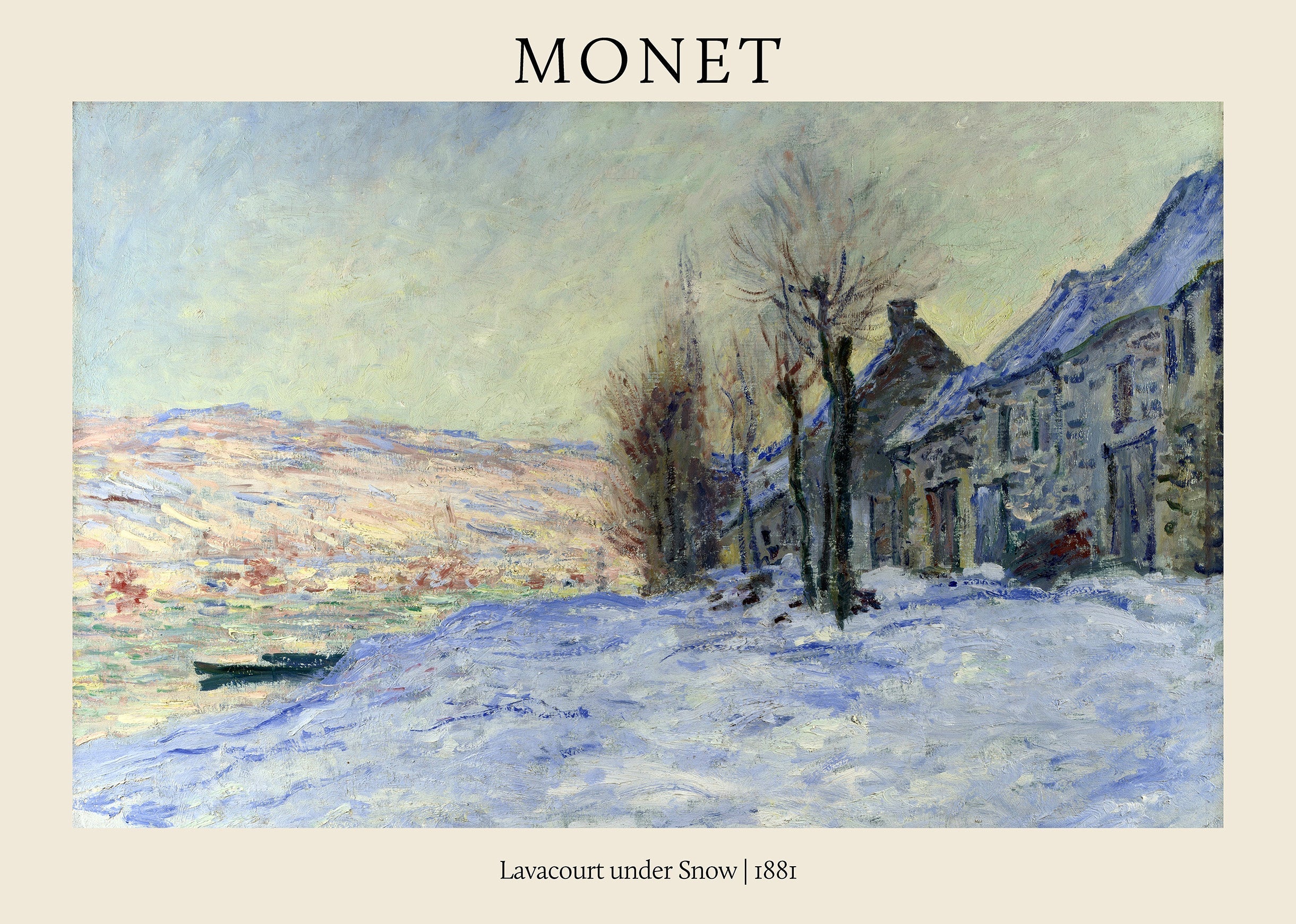 Claude Monet painting showing the snowy village of Lavacourt by the Seine River with cottages and bare trees in 1881.