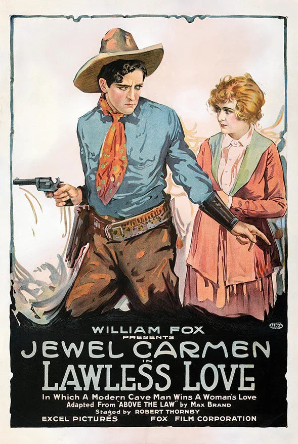 Vintage movie poster for 'Lawless Love' showing a cowboy with revolver and a concerned woman