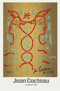 Reproduction print of Jean Cocteau's 1963 Le Caducée tapestry, showing symmetrical red faces and a central blue caduceus on a gold textured background.