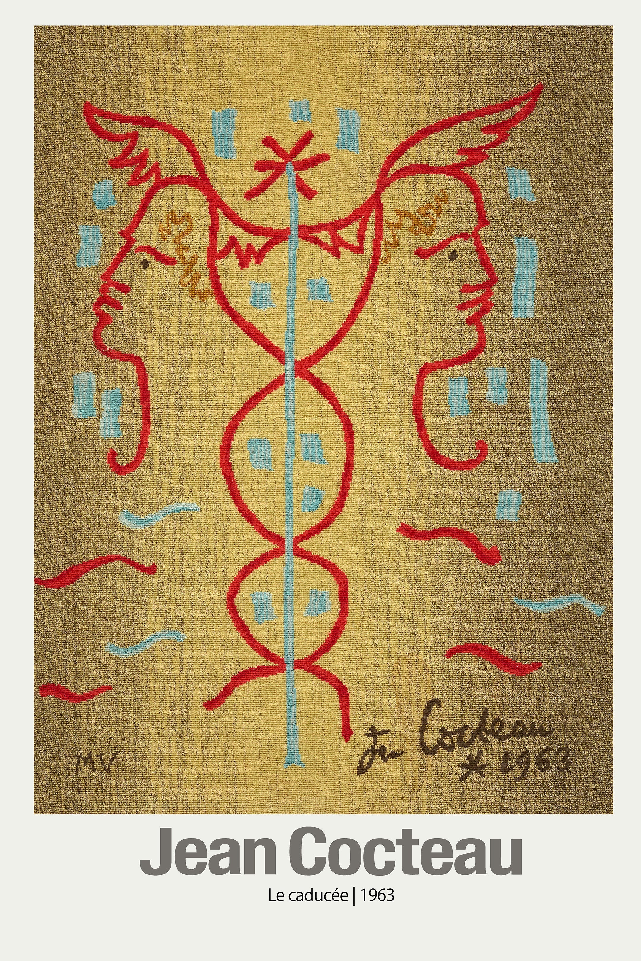 Reproduction print of Jean Cocteau's 1963 Le Caducée tapestry, showing symmetrical red faces and a central blue caduceus on a gold textured background.