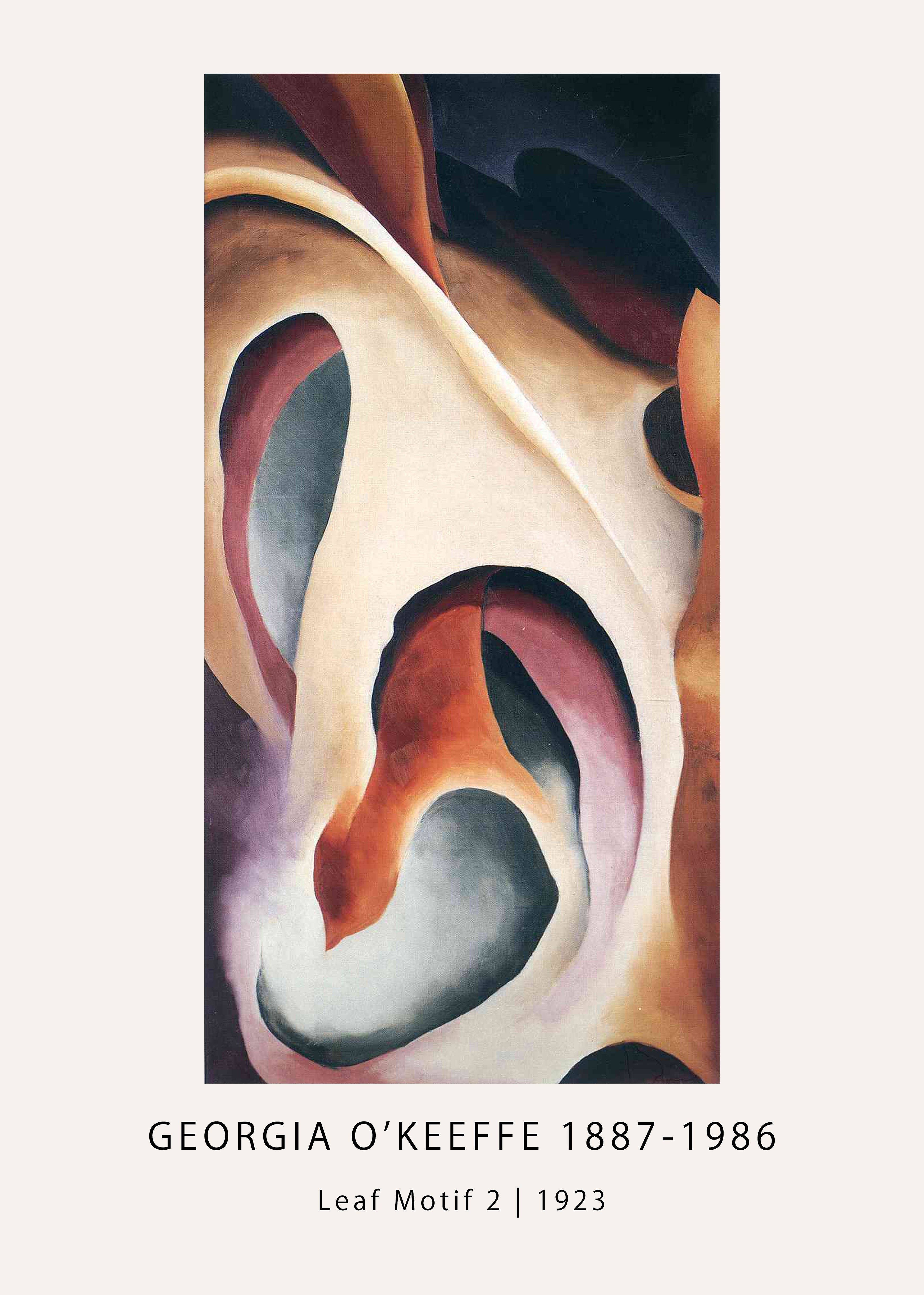 Vertical abstract painting, "Leaf Motif 2," by Georgia O'Keeffe (1923), featuring flowing biomorphic shapes in cream, rust orange, and dark burgundy.