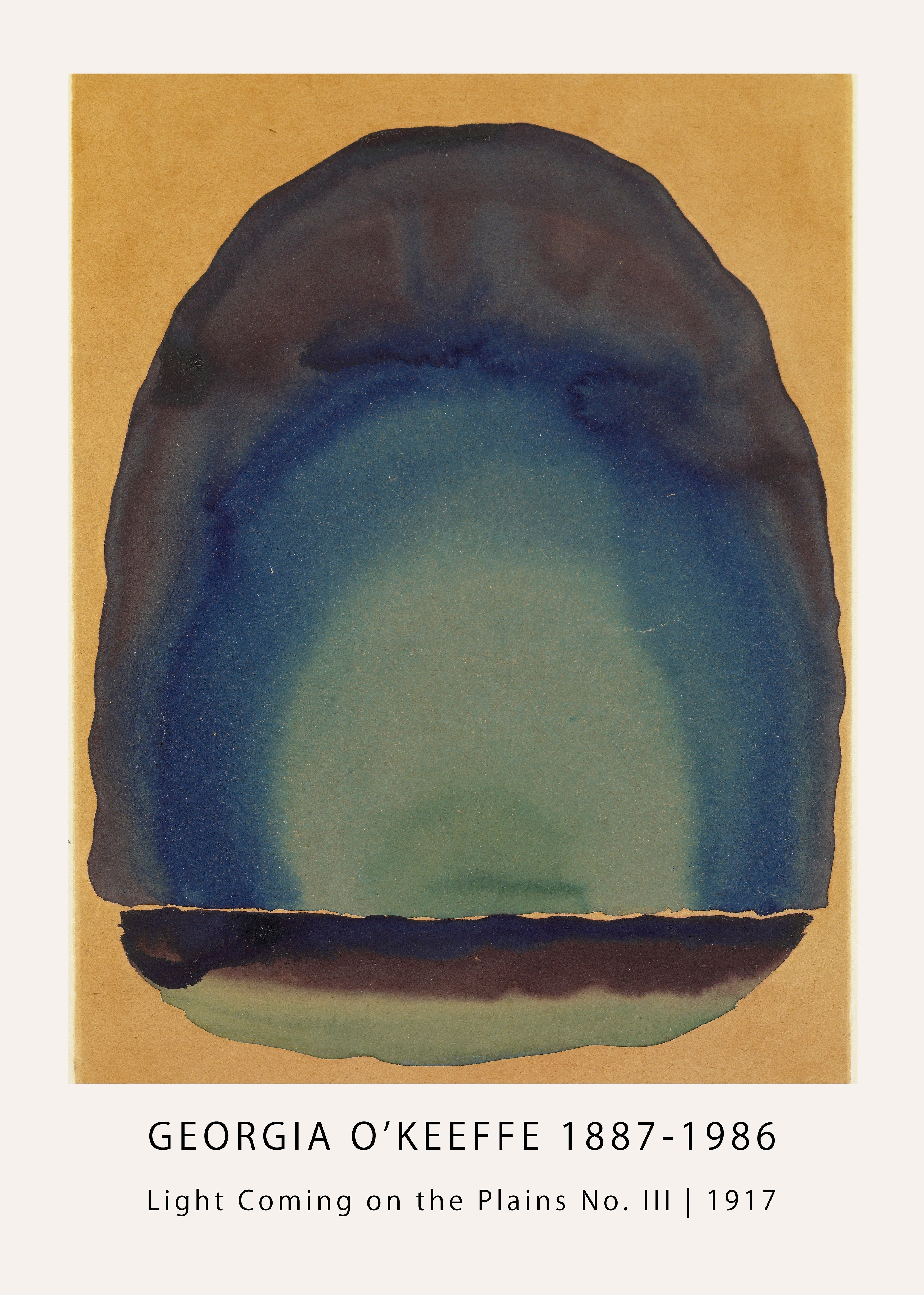 Reproduction of Georgia O'Keeffe's 1917 watercolor, "Light Coming on the Plains No. III," showing an abstract blue and indigo sunrise effect over a dark horizon on tan paper.
