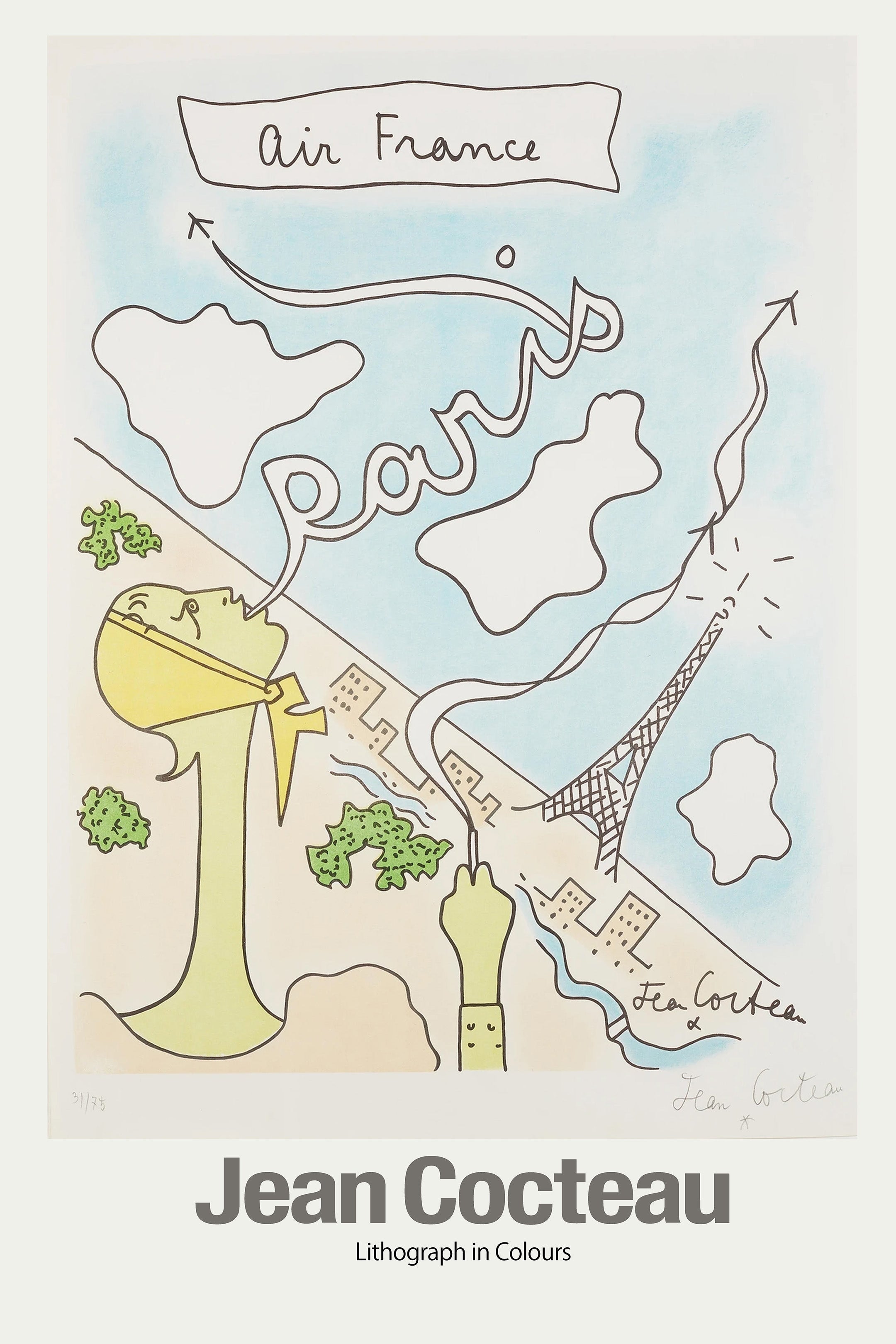 Stylized color lithograph by Jean Cocteau promoting Air France travel to Paris, featuring the Eiffel Tower and clouds.