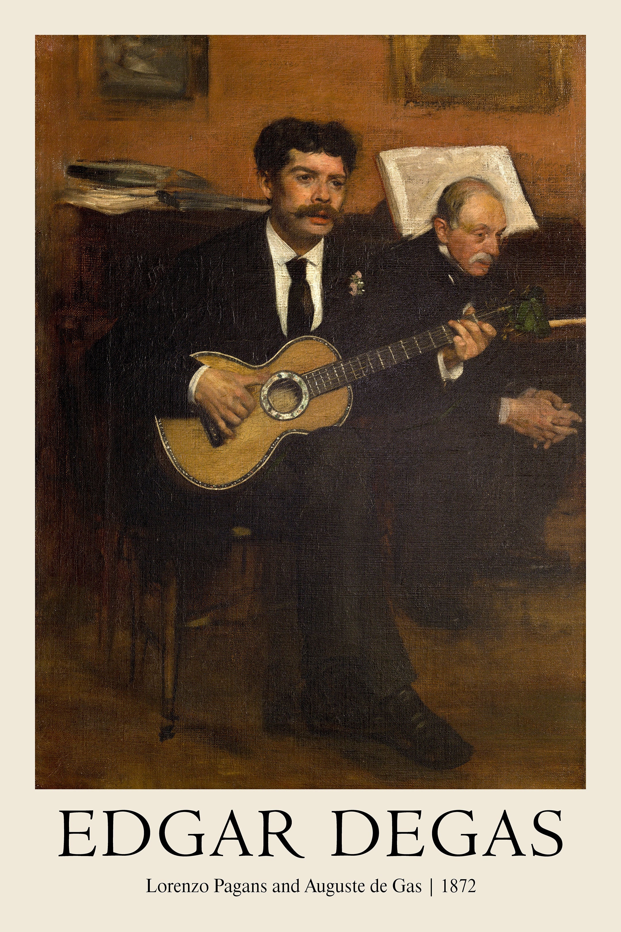 Edgar Degas oil painting (1872) showing Lorenzo Pagans playing a lute-like guitar next to an older man, in rich dark colors and suits.