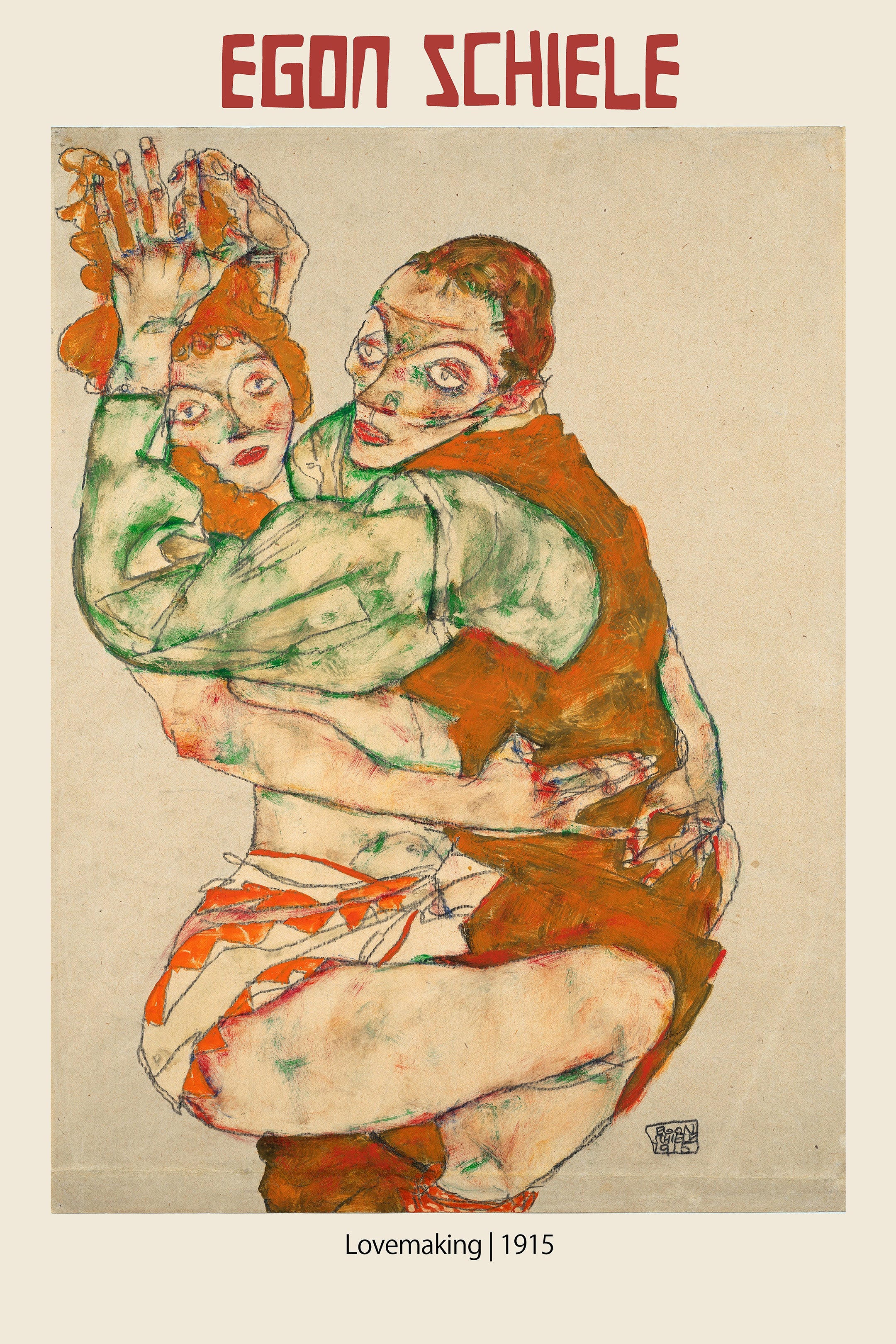 Egon Schiele's 1915 drawing "Lovemaking," featuring a tightly embraced, expressive couple rendered in green, orange, and brown tones.