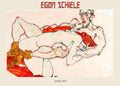 Egon Schiele drawing from 1913 titled "Lovers," depicting two intertwined nude figures rendered in expressive line work, watercolor, and gouache.