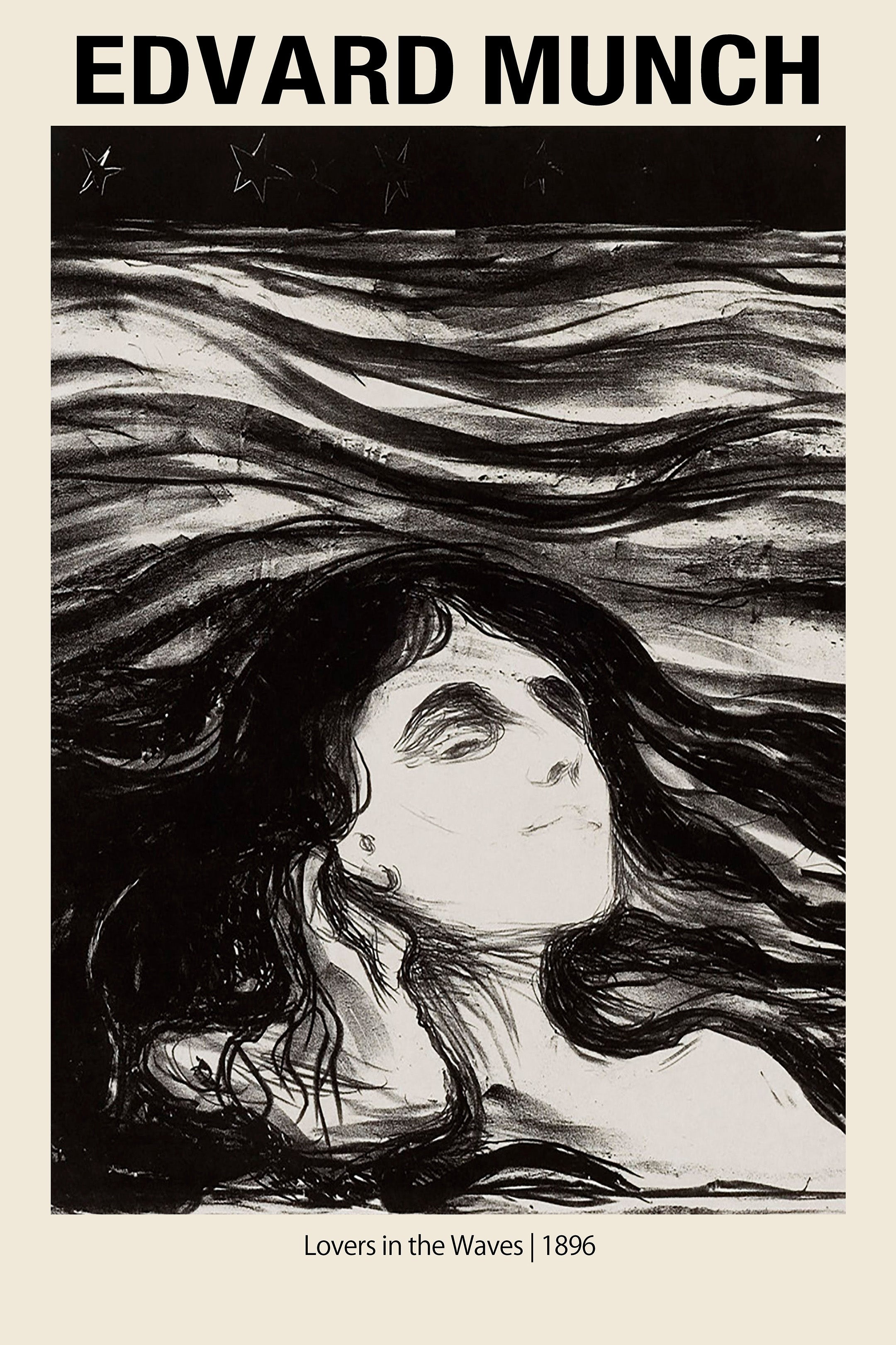 Edvard Munch print of "Lovers in the Waves," a dramatic black and white image of a woman floating in the ocean under stars.