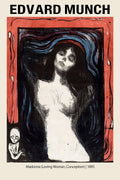 Edvard Munch's "Madonna," a dramatic 1895 expressionist painting featuring a nude woman framed by symbolic red borders and a fetal figure.
