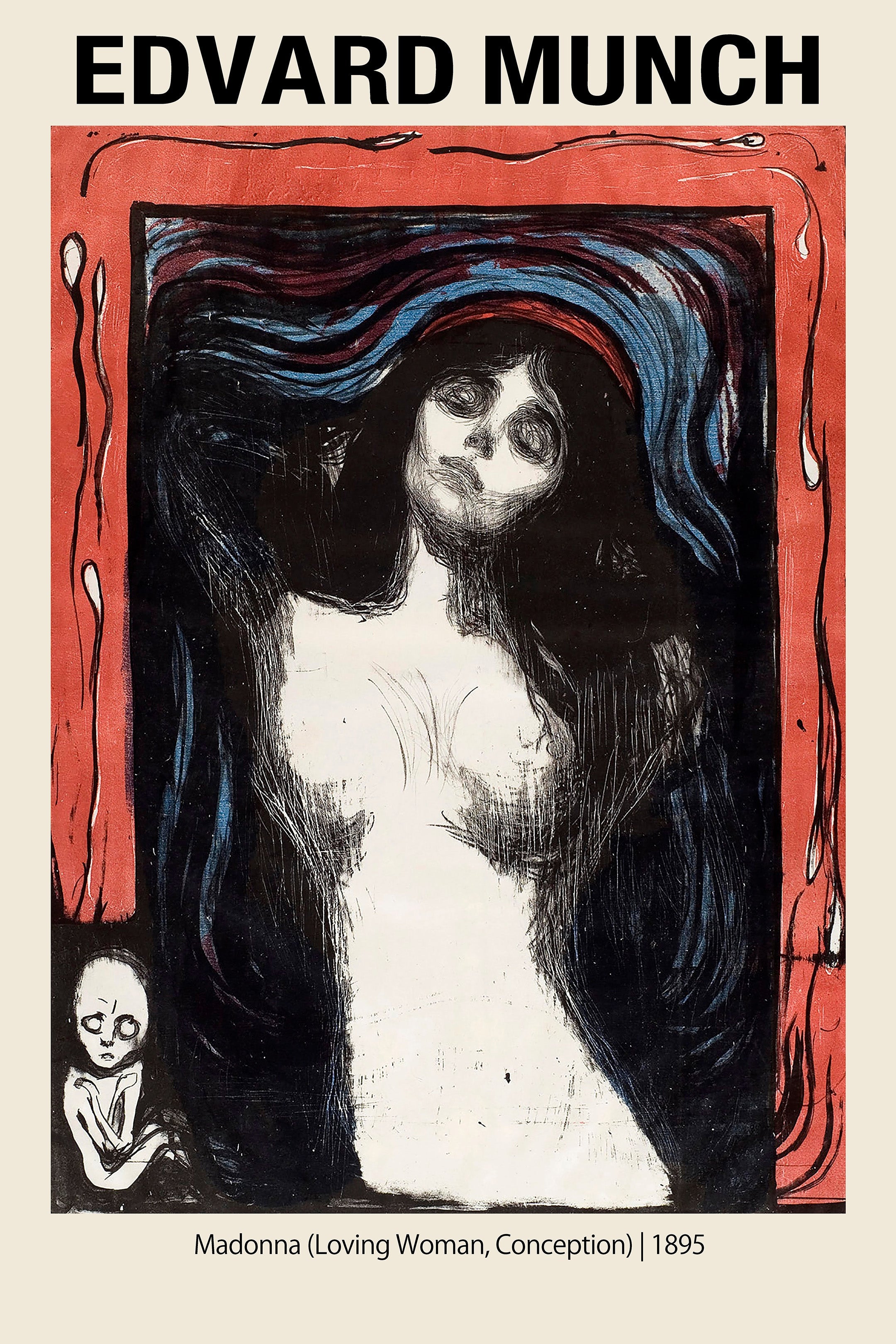 Edvard Munch's "Madonna," a dramatic 1895 expressionist painting featuring a nude woman framed by symbolic red borders and a fetal figure.
