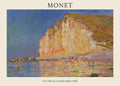 Claude Monet's *Low Tide at Les Petites-Dalles* oil painting (1884) showing dramatic coastal cliffs reflecting warm light over blue water.