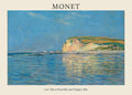 Oil painting by Claude Monet featuring the chalk cliffs of Pourville reflecting golden sunlight on the blue, rippling ocean at low tide.