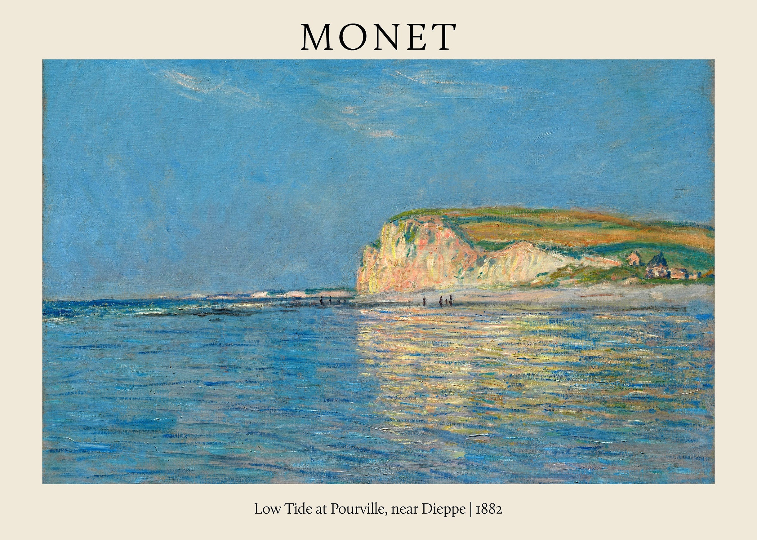 Oil painting by Claude Monet featuring the chalk cliffs of Pourville reflecting golden sunlight on the blue, rippling ocean at low tide.