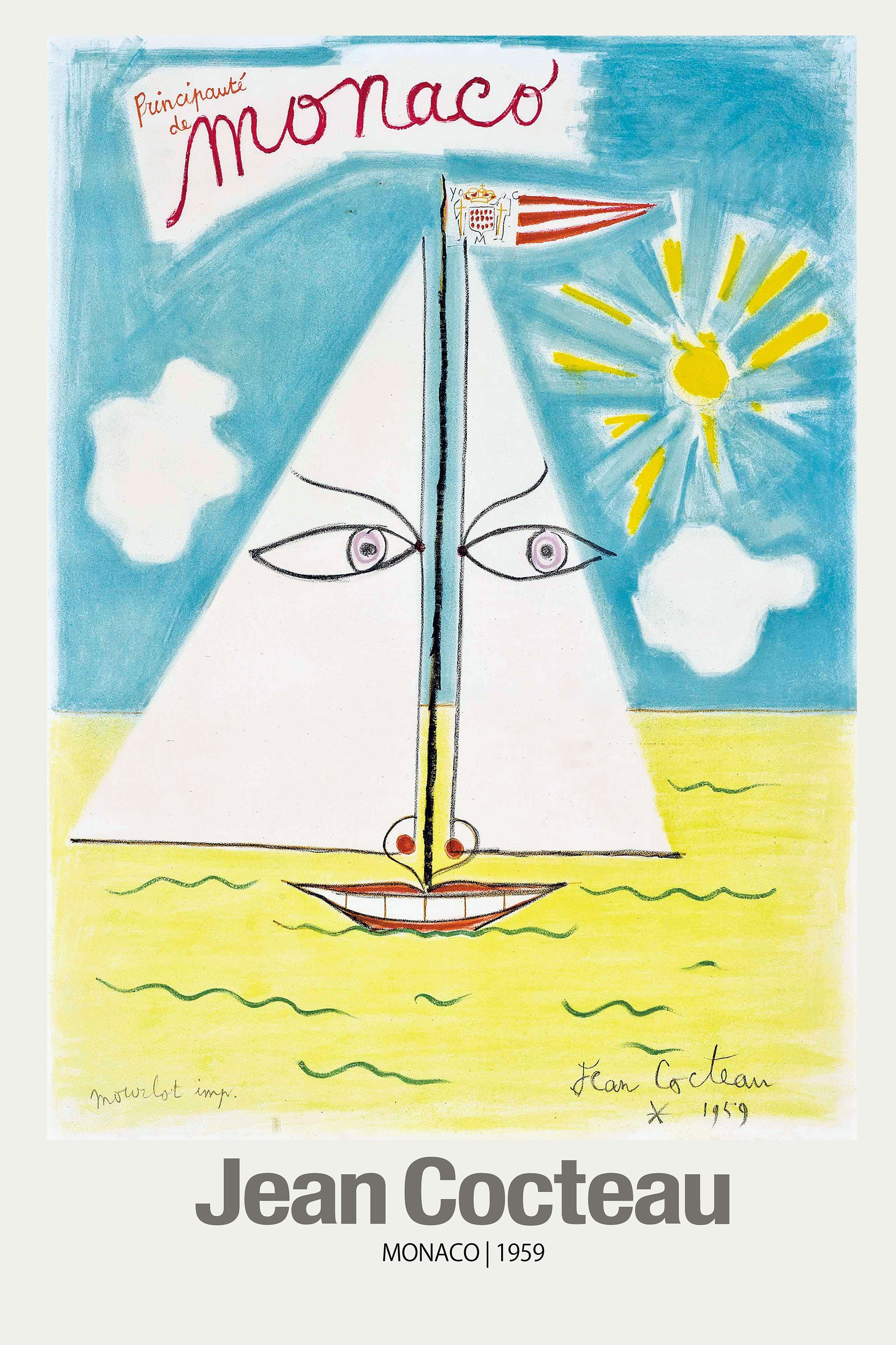 Vintage Jean Cocteau lithograph from 1959 for Monaco, depicting an anthropomorphic sailboat with large eyes and a smile sailing on a yellow sea.