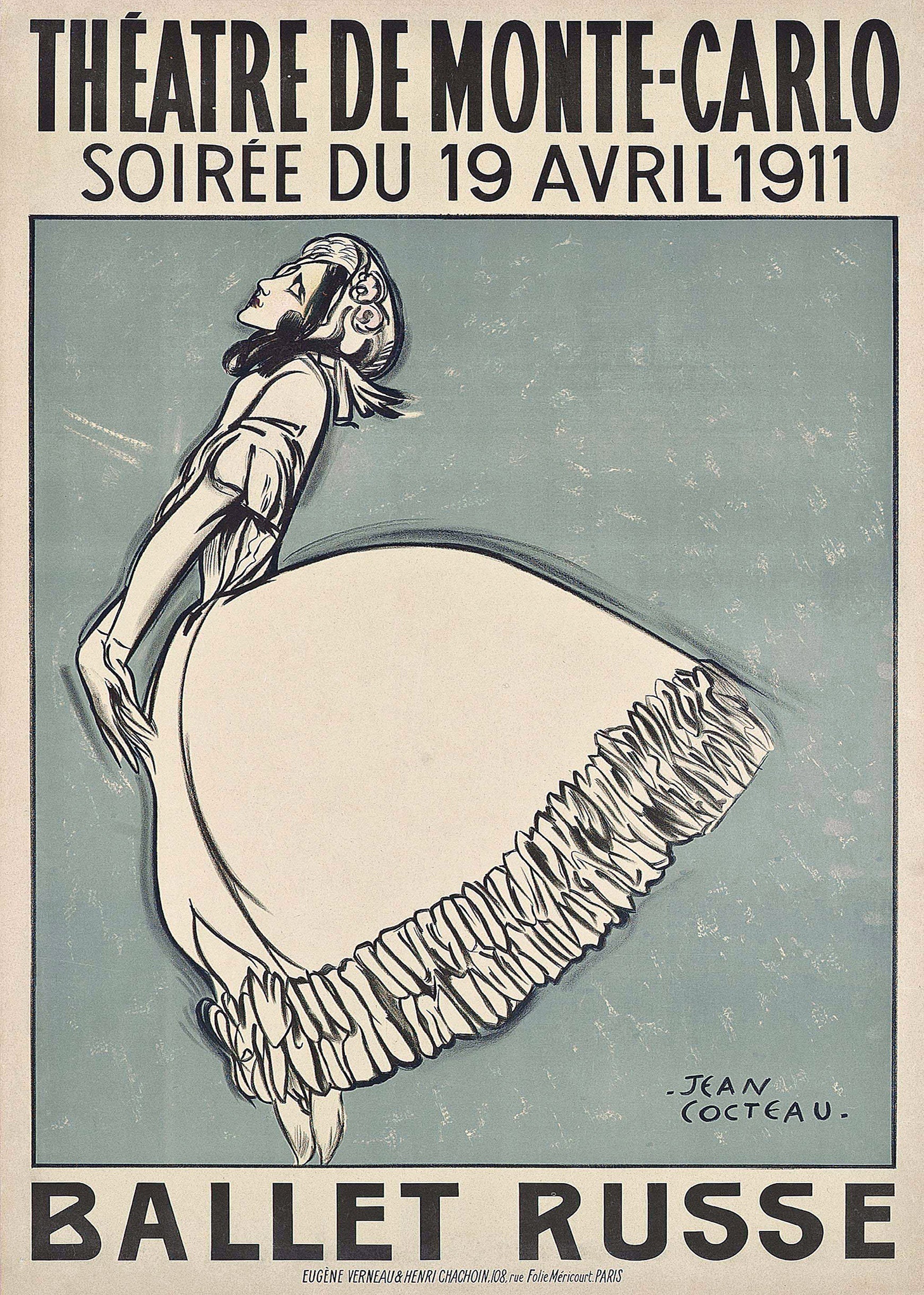 Vintage 1911 Théâtre de Monte-Carlo advertisement designed by Jean Cocteau, showing a ballet dancer in a dynamic pose against a pale blue background, promoting Ballets Russes.