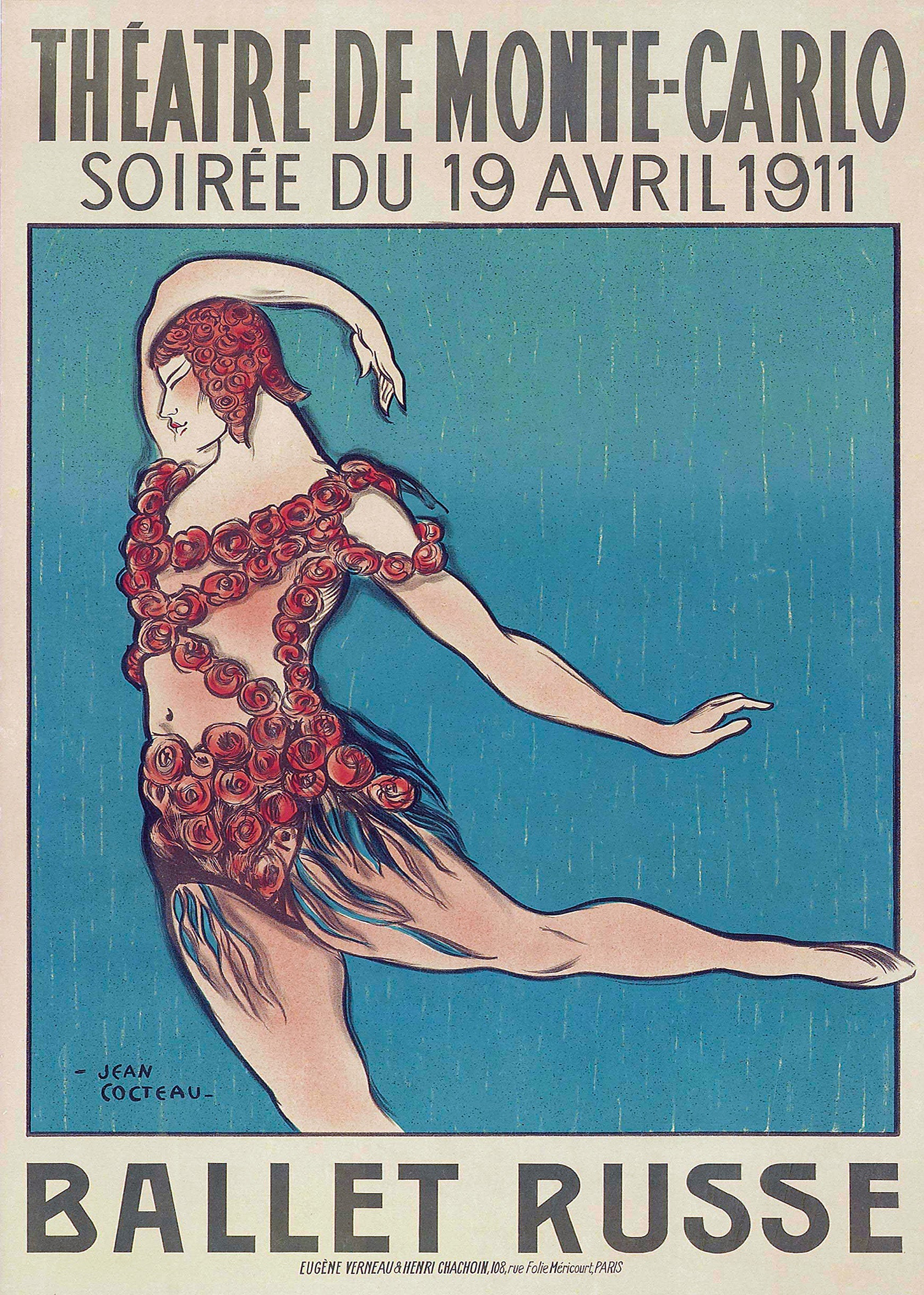 Jean Cocteau Ballets Russes poster (1911). Illustration of a dancer in mid-movement, covered in red roses, for the Monte-Carlo Theatre.