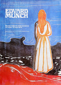 Edvard Munch exhibition poster (1974) showing a woman from the back with orange hair, set against a textural blue sky and vibrant red path, capturing Expressionist style.