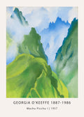 Abstract landscape painting by Georgia O'Keeffe titled "Machu Picchu I" (1957), showing bright green, curved mountain slopes and sharp blue peaks obscured by white clouds and mist.