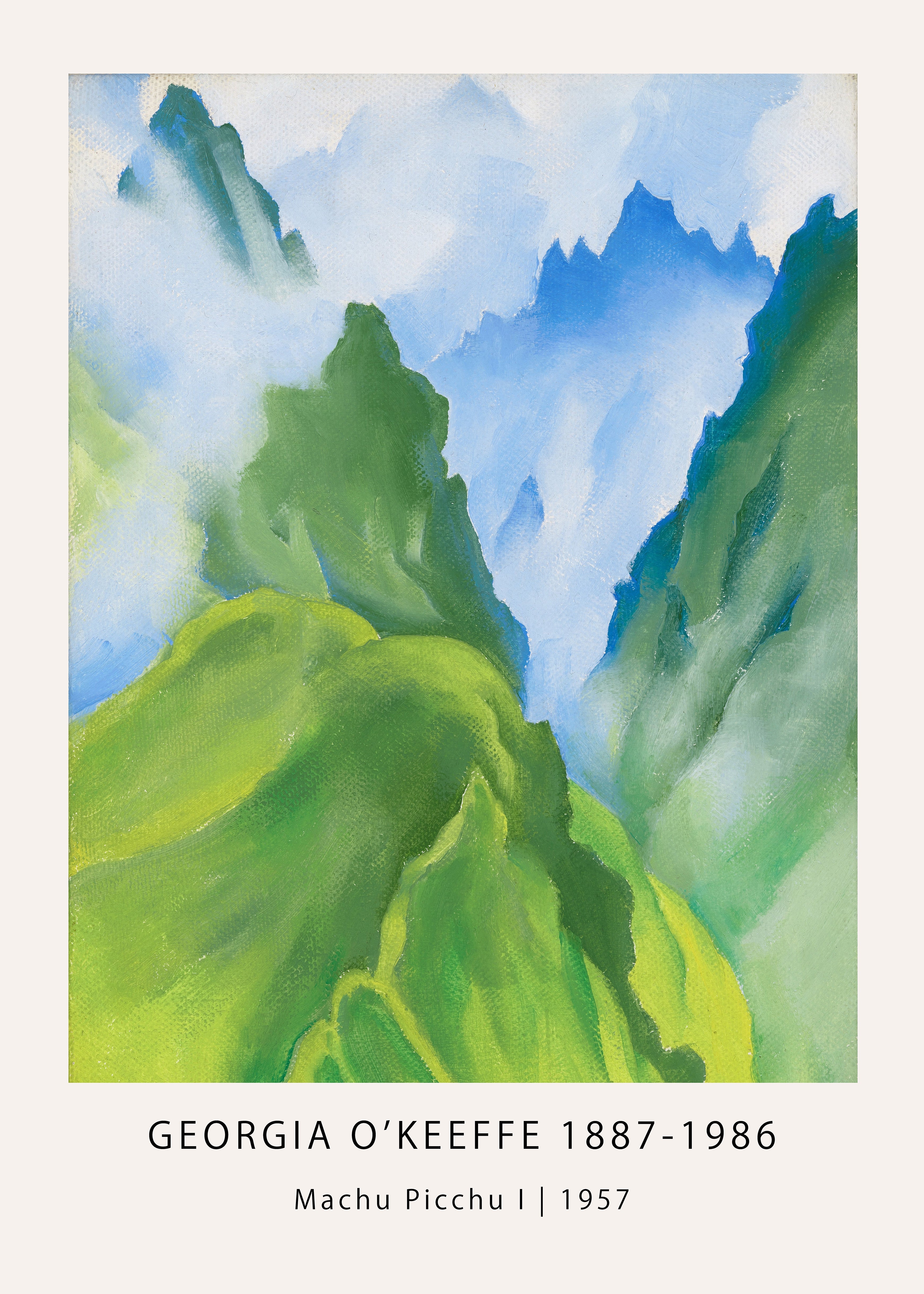 Abstract landscape painting by Georgia O'Keeffe titled "Machu Picchu I" (1957), showing bright green, curved mountain slopes and sharp blue peaks obscured by white clouds and mist.