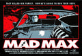 Mad Max movie poster with Mel Gibson driving a car, red sky background, bold white and red text