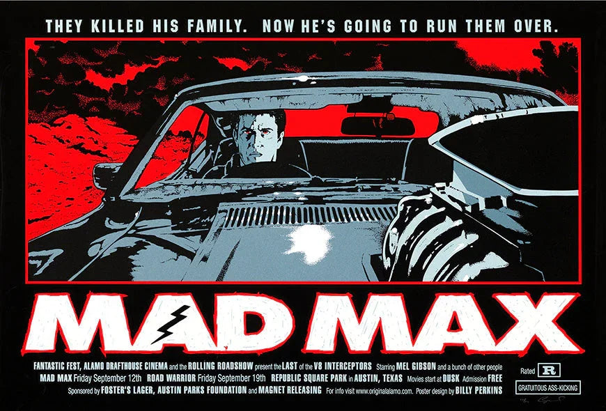 Mad Max movie poster with Mel Gibson driving a car, red sky background, bold white and red text