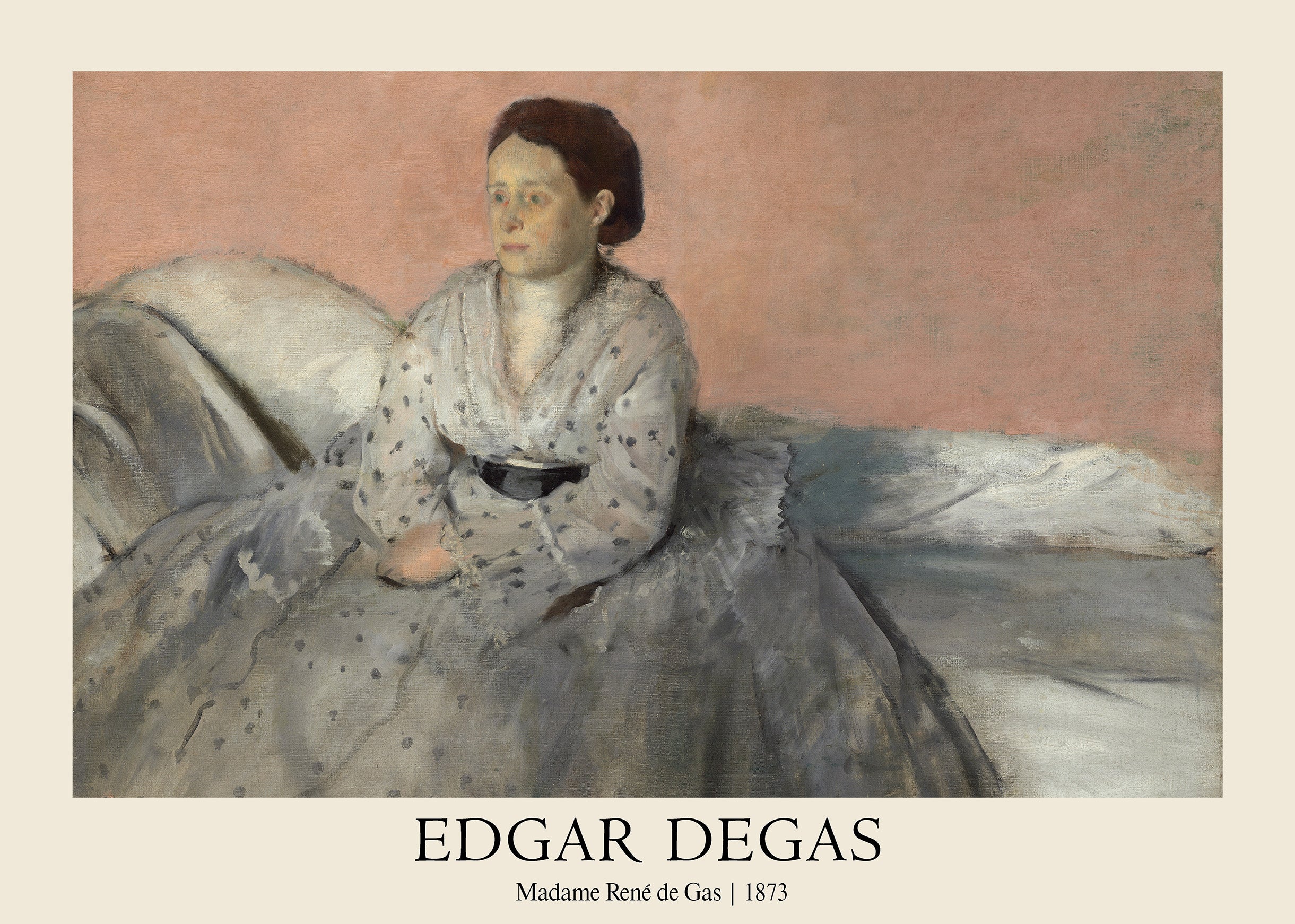 Edgar Degas's oil painting "Madame René de Gas" (1873) showing a woman in a grey patterned dress seated against a subdued pink background.