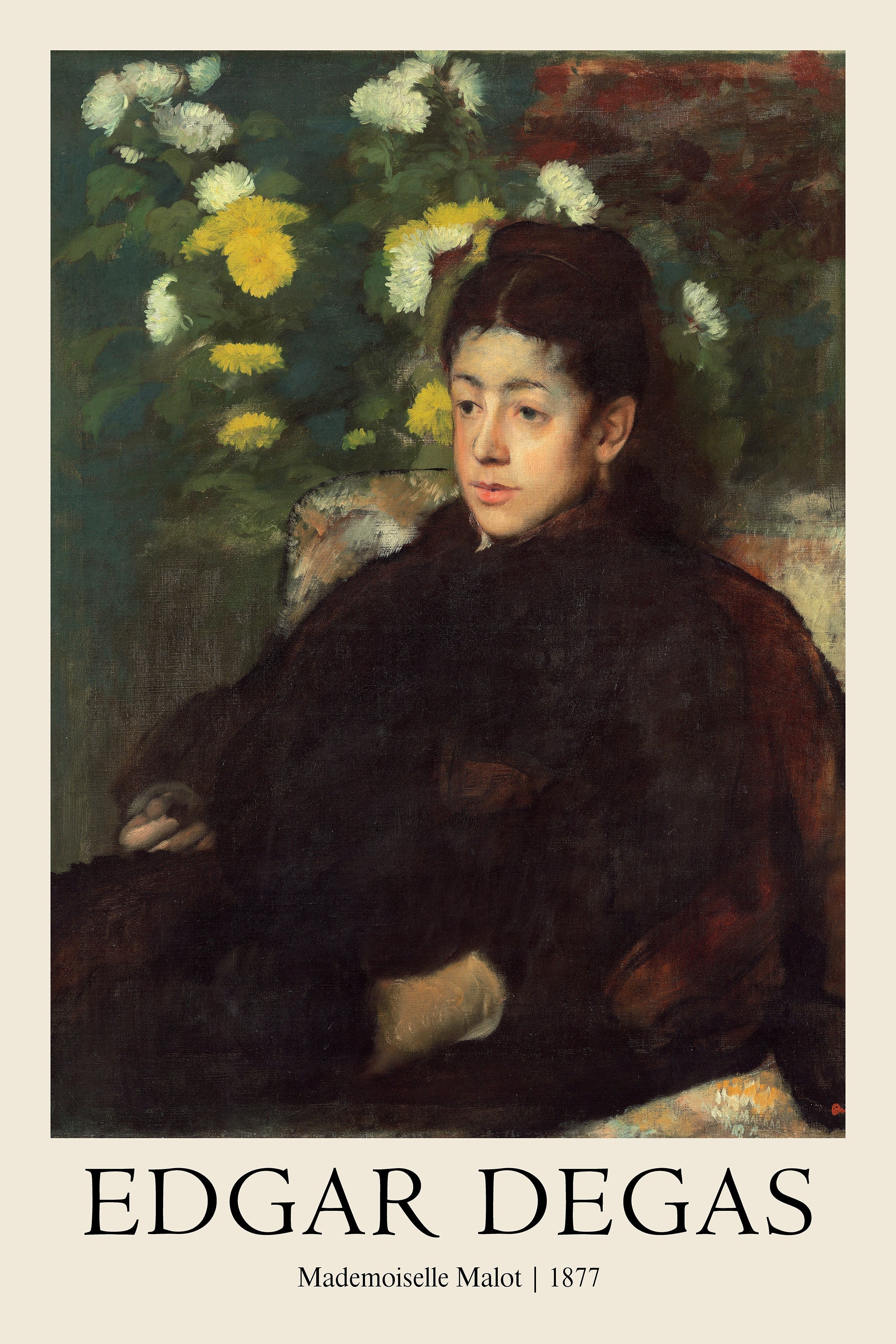 Oil painting by Edgar Degas showing Mademoiselle Malot seated in dark attire, against a background of white and yellow chrysanthemums. Moody 1877 portrait reproduction.